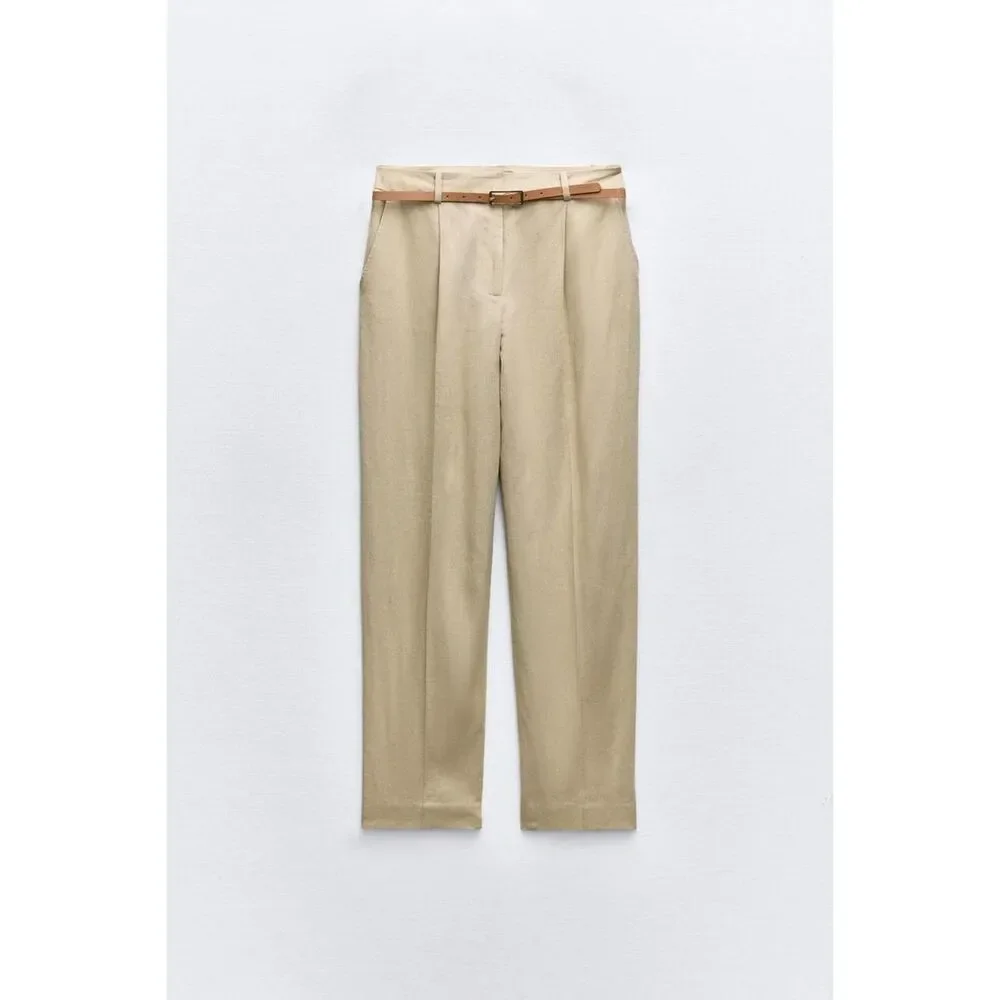 Beige Brown Zara Linen-Blend High-Waisted Belted Straight Leg Pants (NWT
